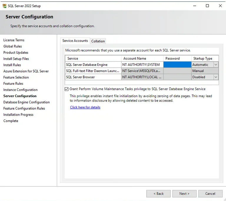 Server Configuration hizmet hesapları