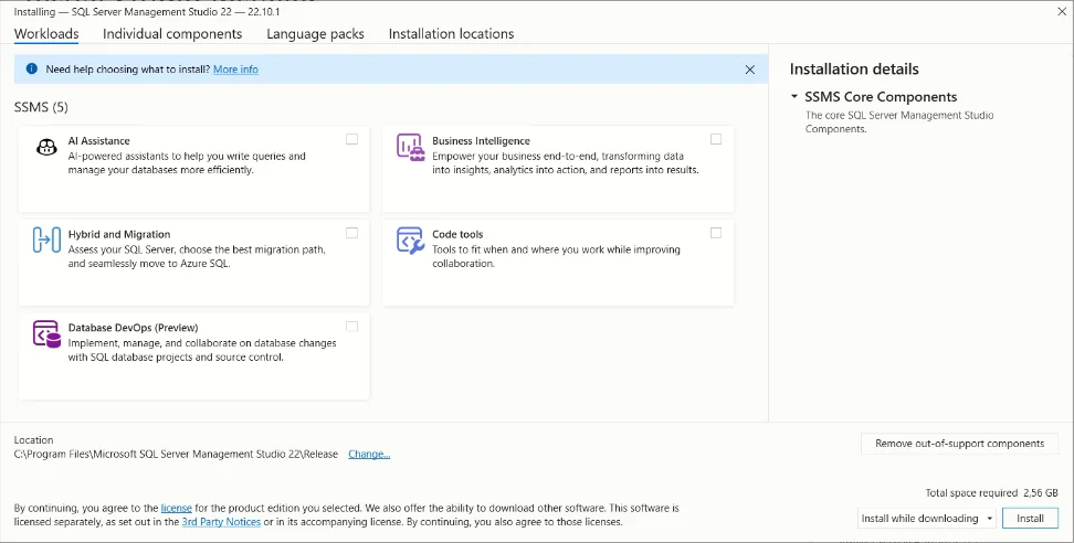 Visual Studio Installer’da SSMS kurulumu